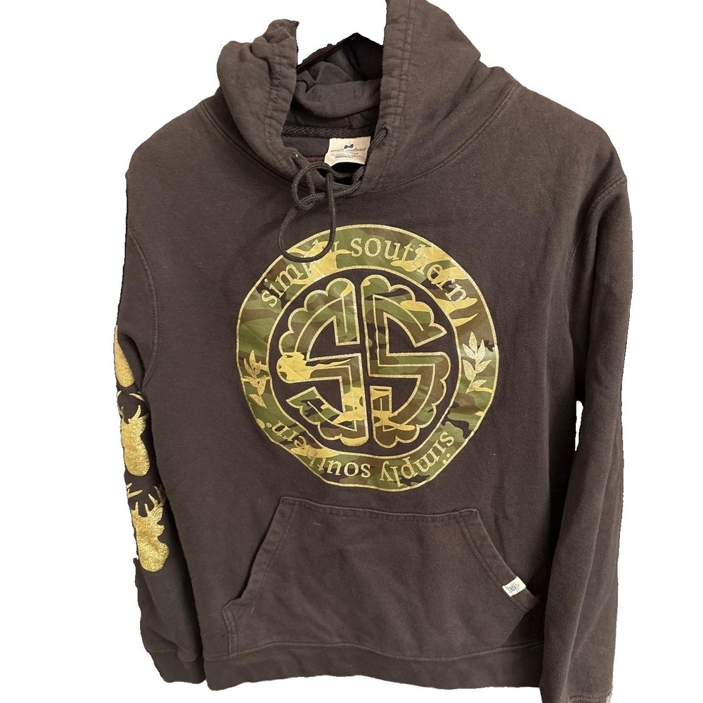 Simply Southern Womens Hoodie Medium Brown Camo Gold Glitter Love Deerly Antlers